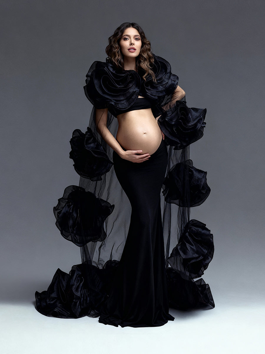 Dramatic Black Cape Over Maternity Separates Dramatic Black Cape Over Maternity Separates — Baby Shower Outfits