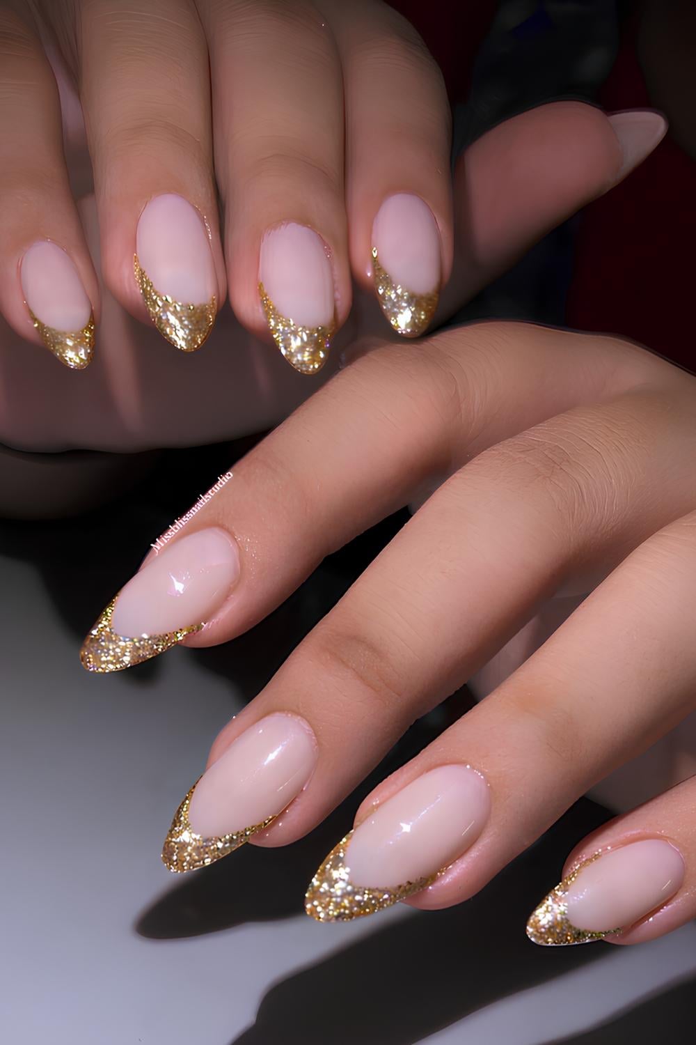 Striking Gold Glitter French Almonds — Glitter French Tip Nails