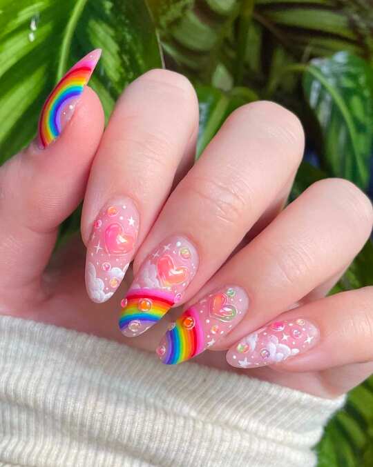 Clear Base Rainbow Arches and Hearts — Rainbow Nails