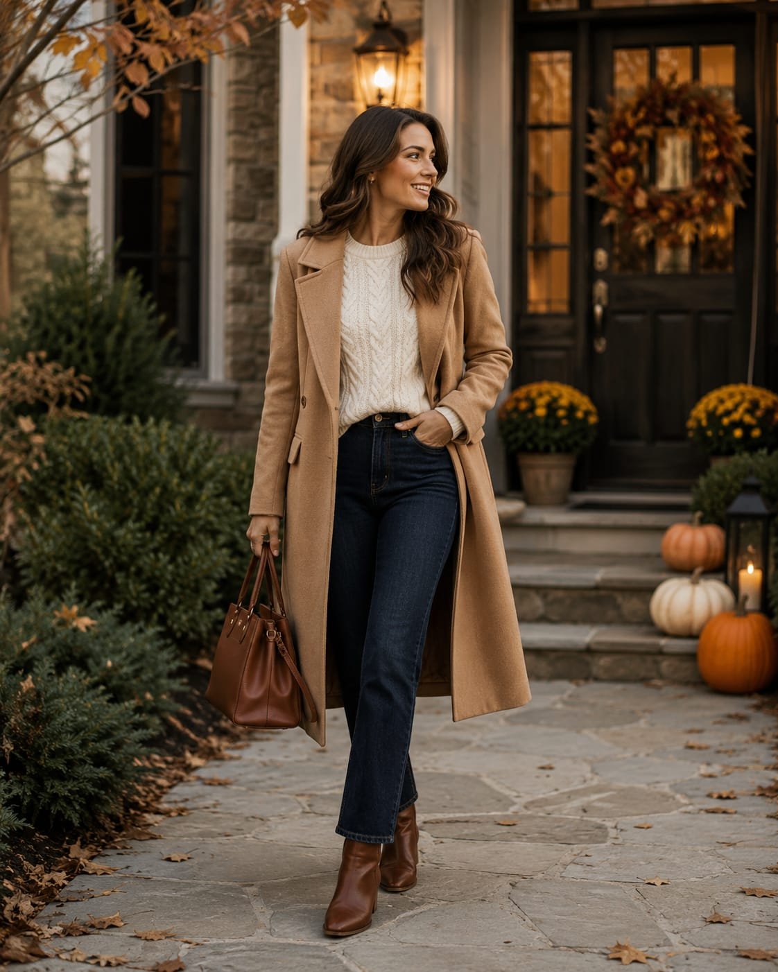 Chic Camel Coat Over Knitwear and Jeans for a Fall Dinner Chic Camel Coat Over Knitwear and Jeans for a Fall Dinner — Dinner Outfits