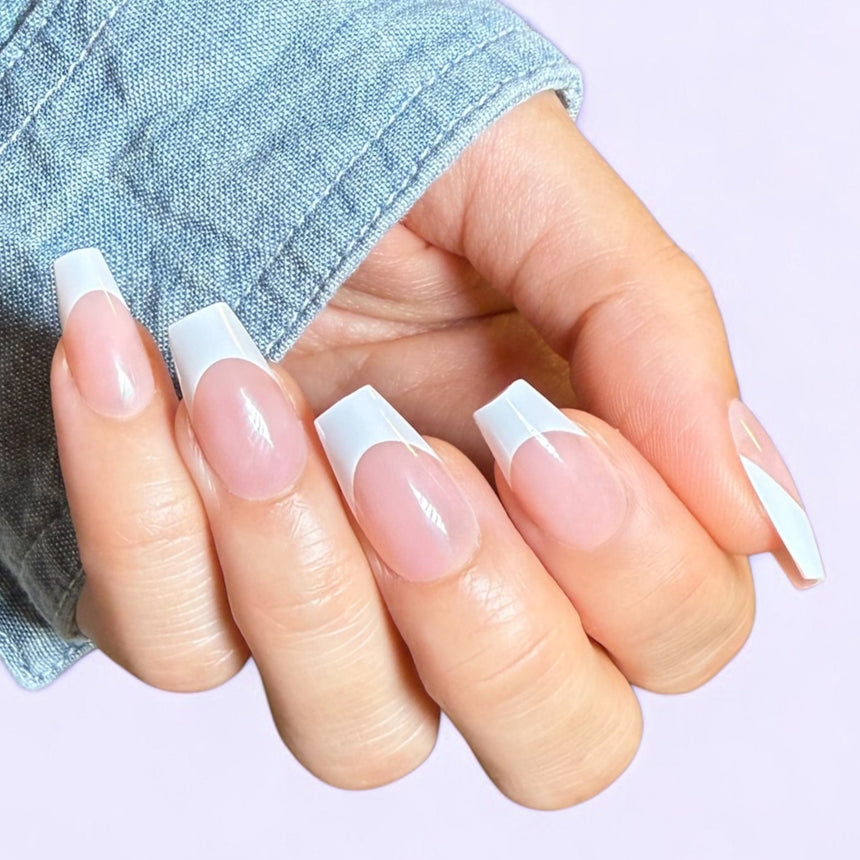Sheer Nude French with Diagonal Line Accent — Short Coffin Nails