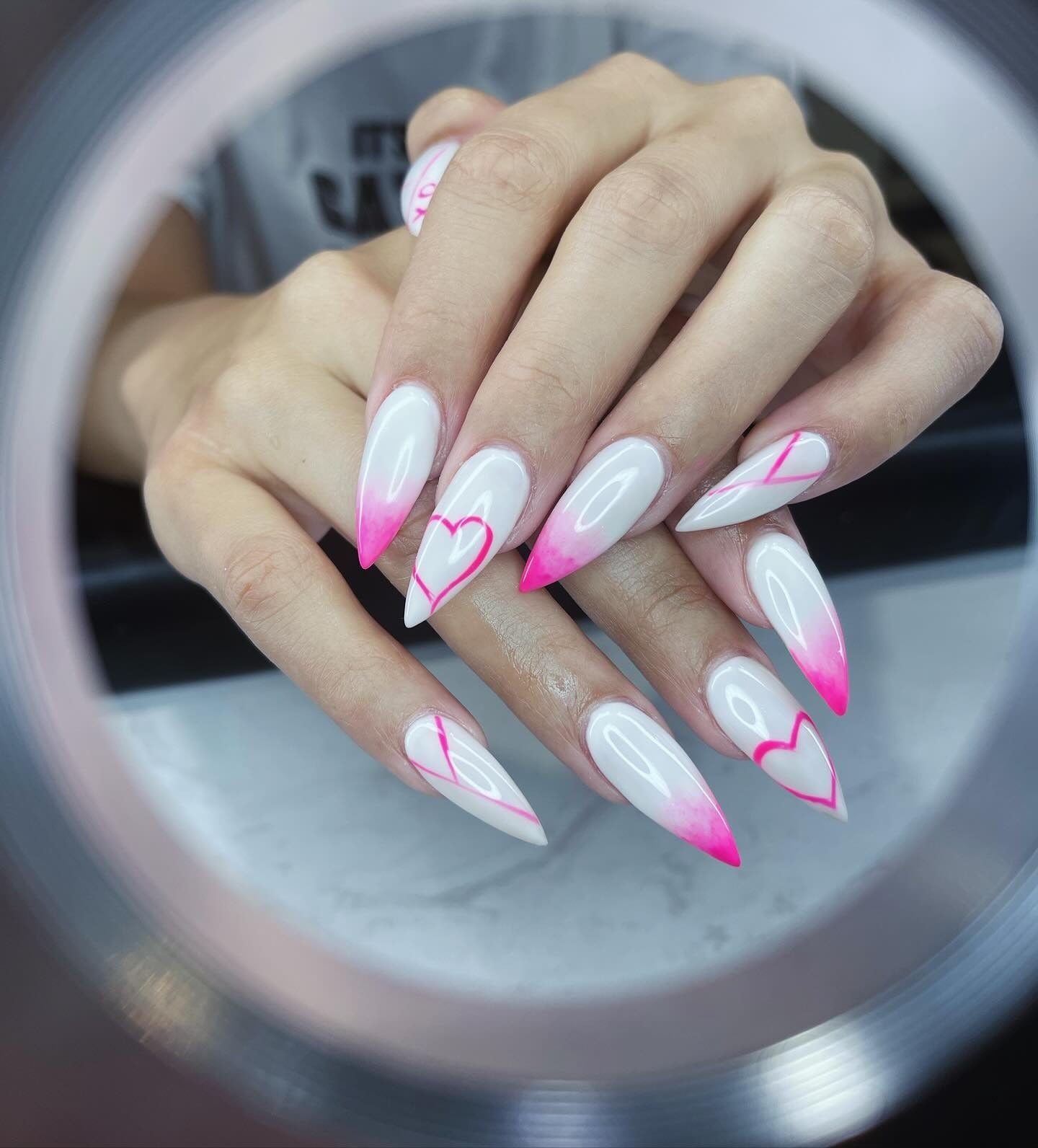 Bright Pink Ombre Stiletto with Hearts — Pink and White Nails