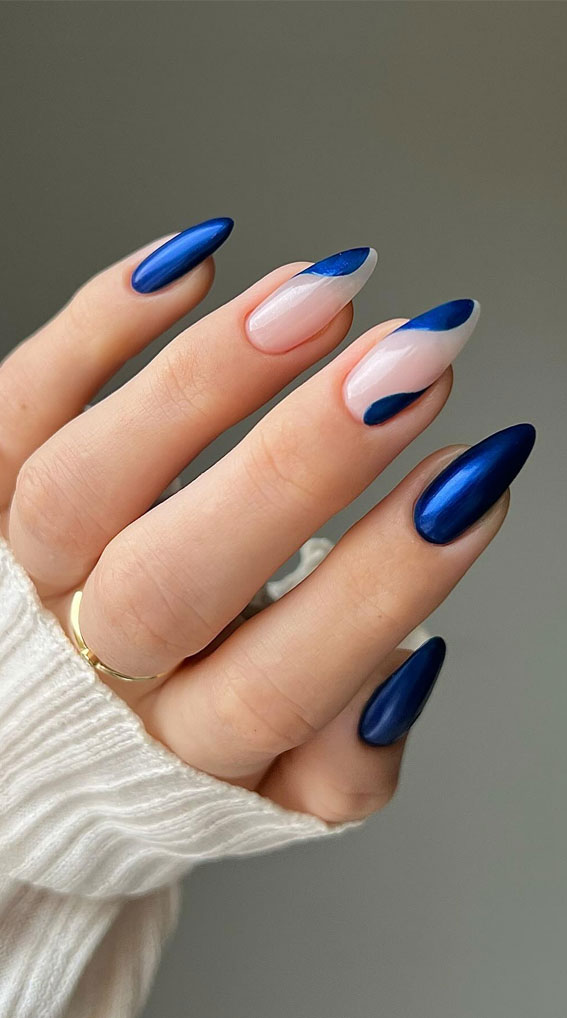 Abstract Blue Metallic French Almond Nails Abstract Blue Metallic French Almond Nails — Royal Blue Nails