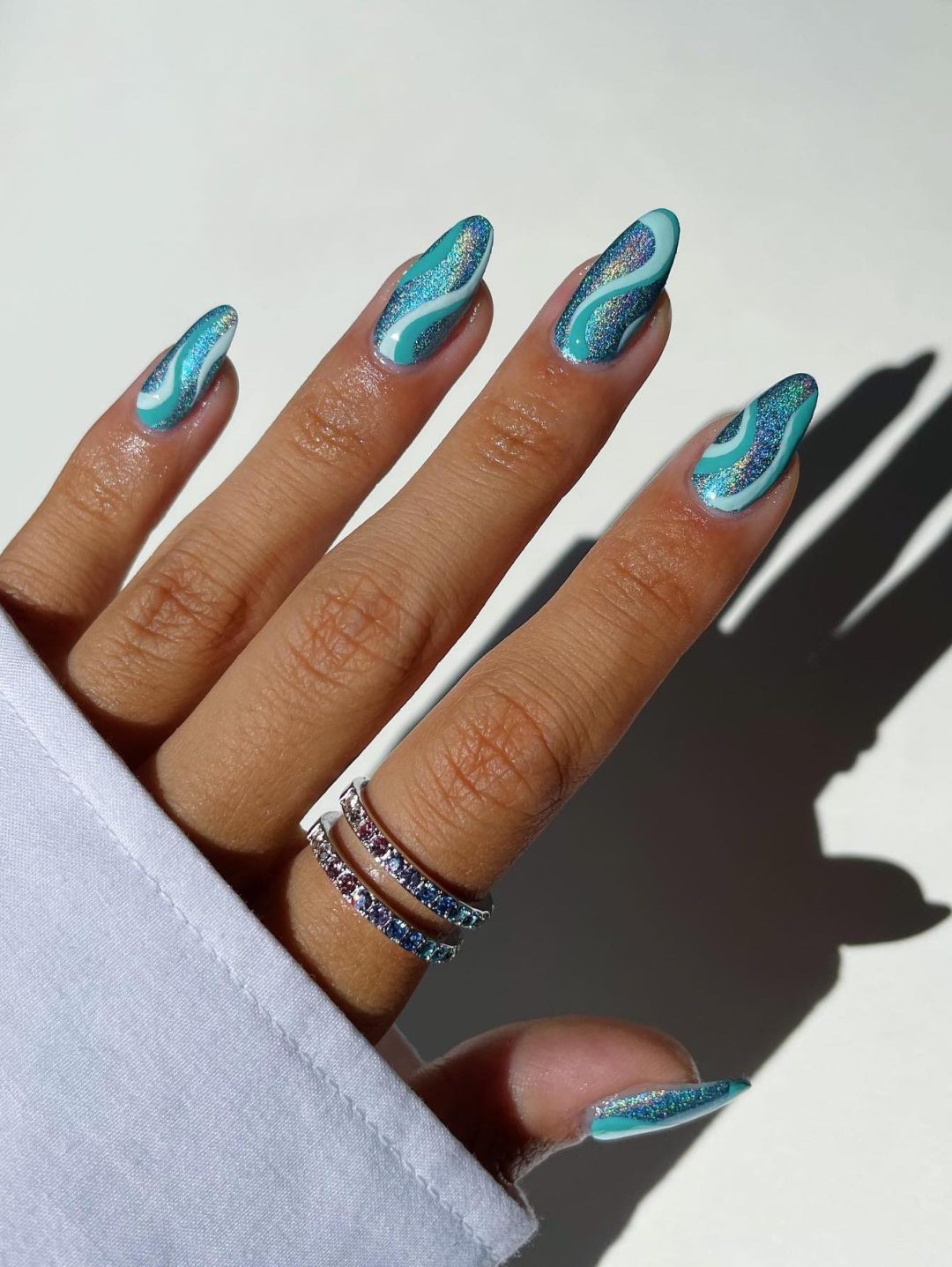 Bright Teal Swirl Glitter Stiletto Nails — Teal Nails