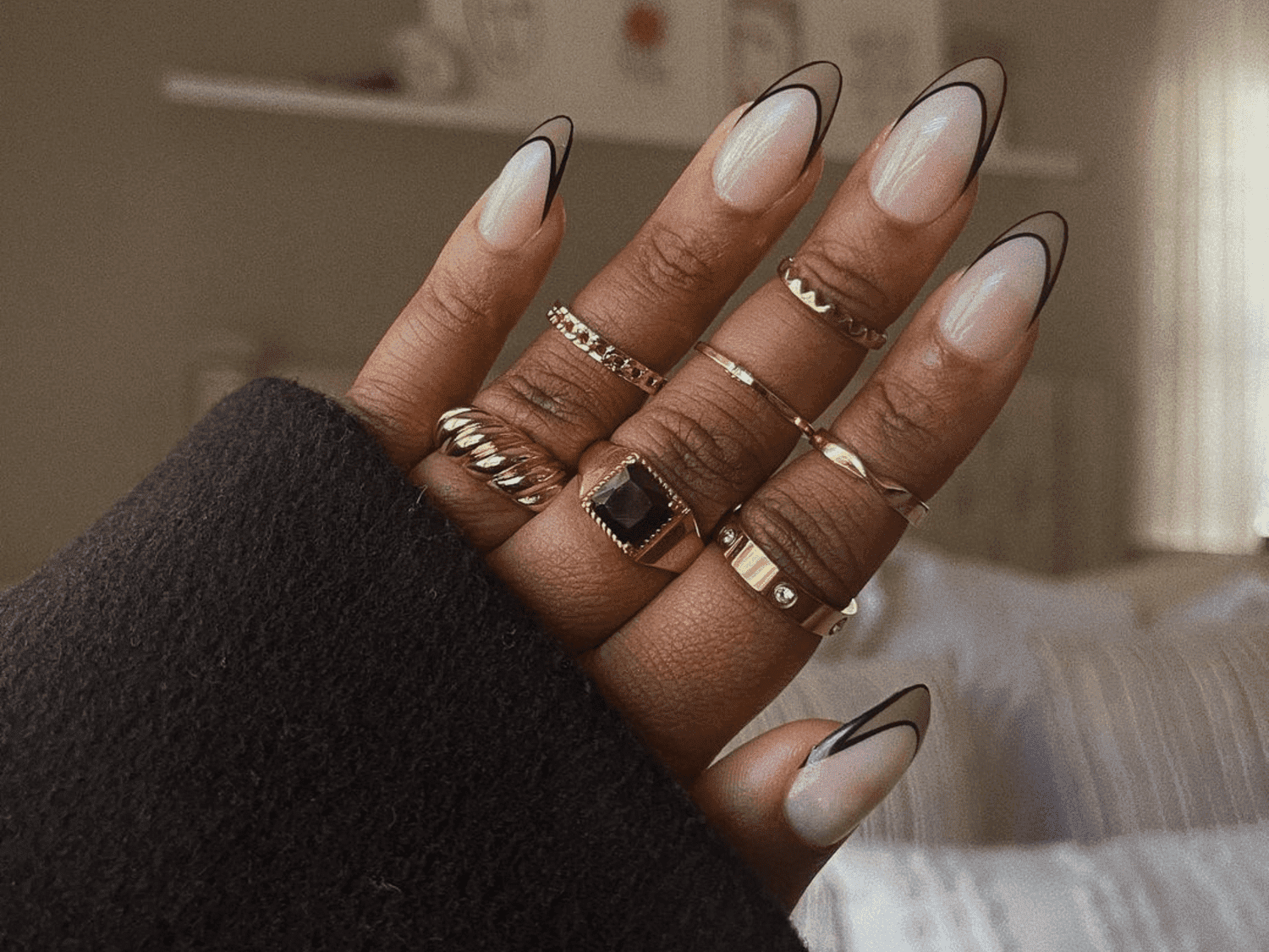 Nude Almond with Black French Tips — Press On Nails