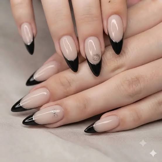 Modern Black French Tip Kitty Stilettos — Hello Kitty Nails