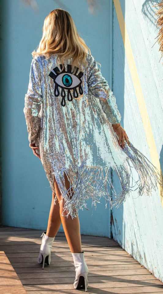 Shimmering Sequined Kimono with Fringe Shimmering Sequined Kimono with Fringe — Festival Outfits