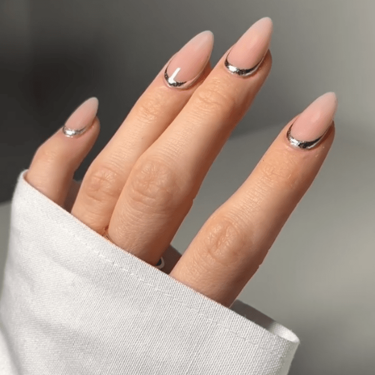 Silver Foil Cuticle Line Almond — Reverse French Nails