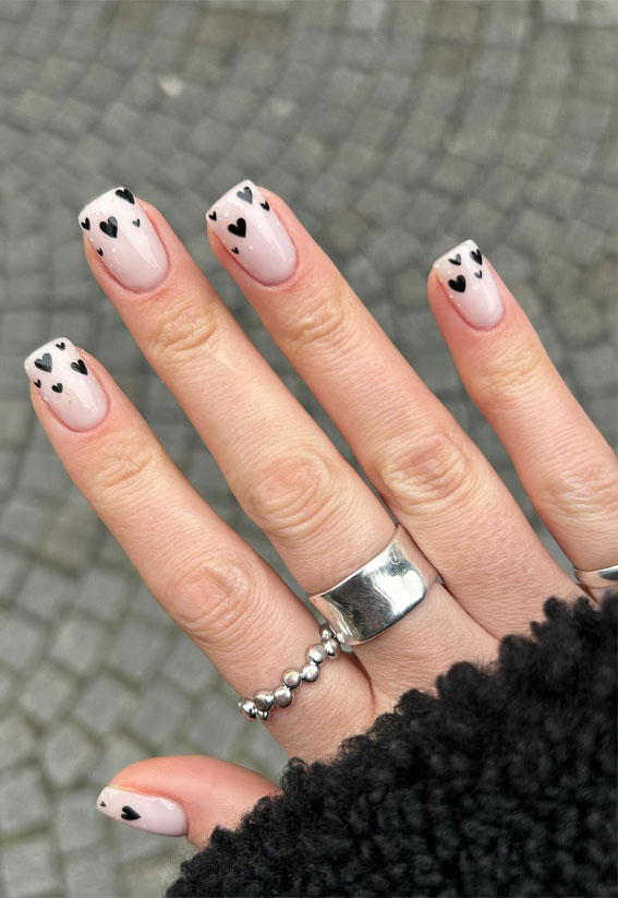 30+ Love-Inspired Nail Aesthetics : Monochrome Hearts Nails
