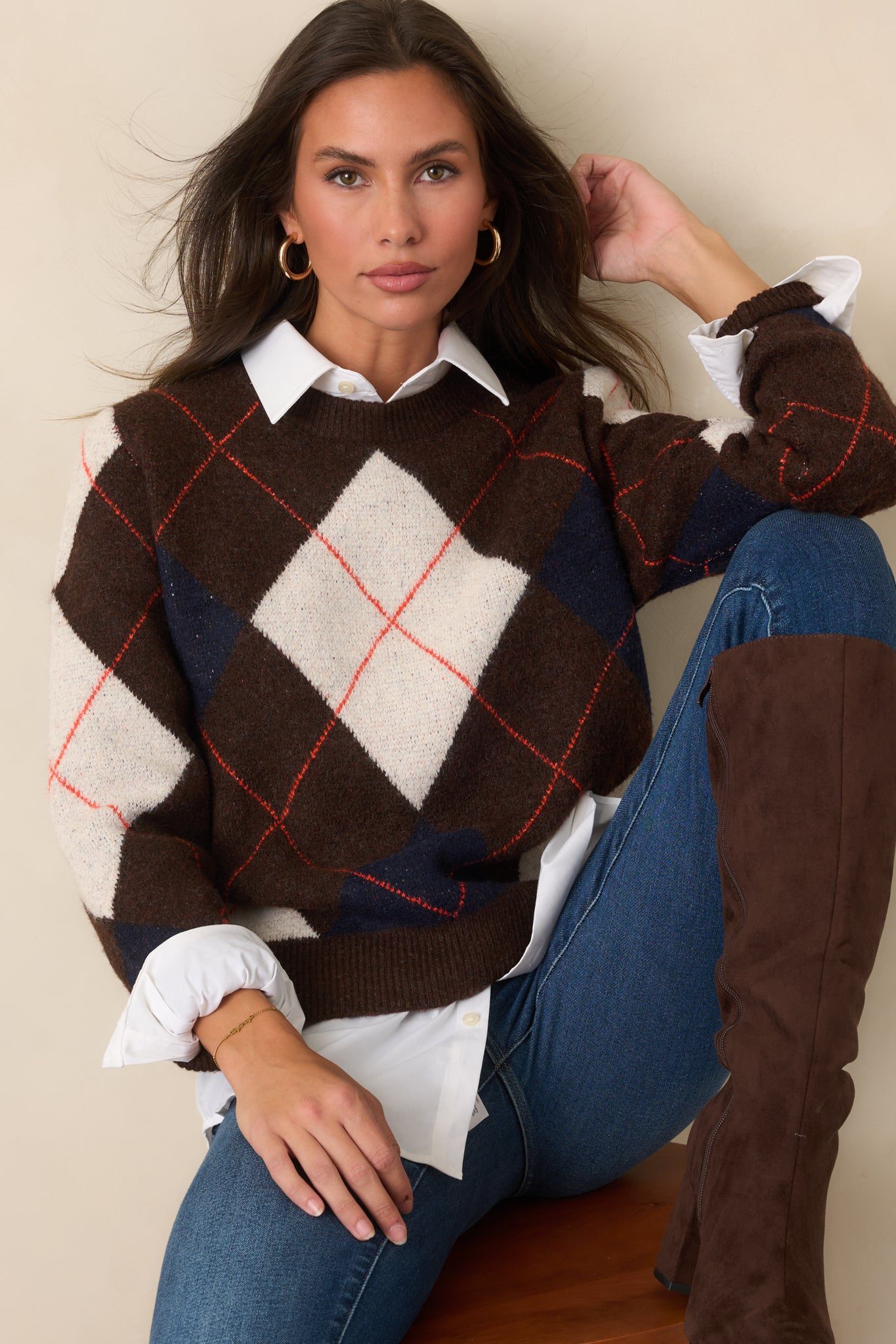 Argyle Sweater with Collared Shirt, Jeans, and Suede Boots Argyle Sweater with Collared Shirt, Jeans, and Suede Boots — Preppy Outfits