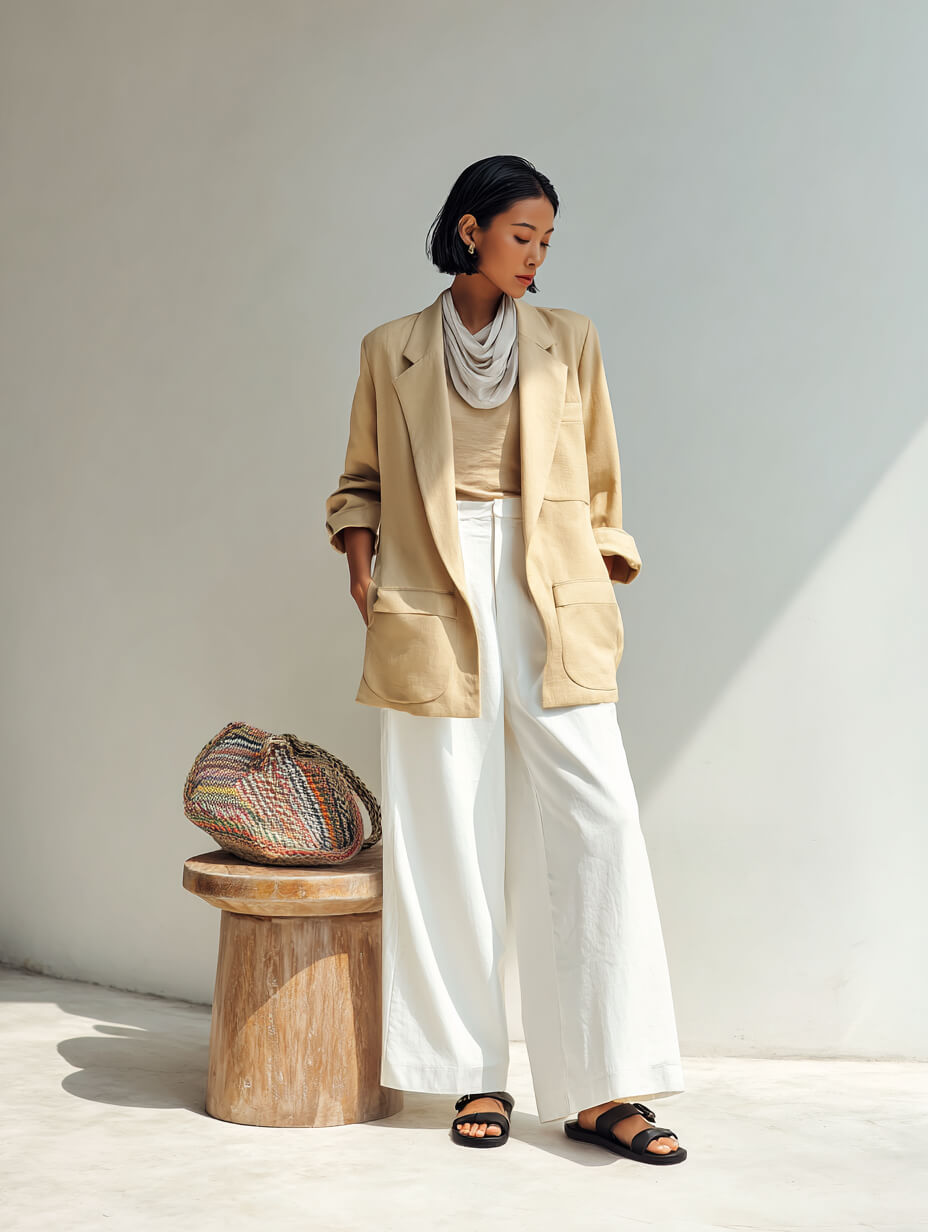Oversized Beige Blazer with White Trousers for Smart Casual Oversized Beige Blazer with White Trousers for Smart Casual — Modest Outfits