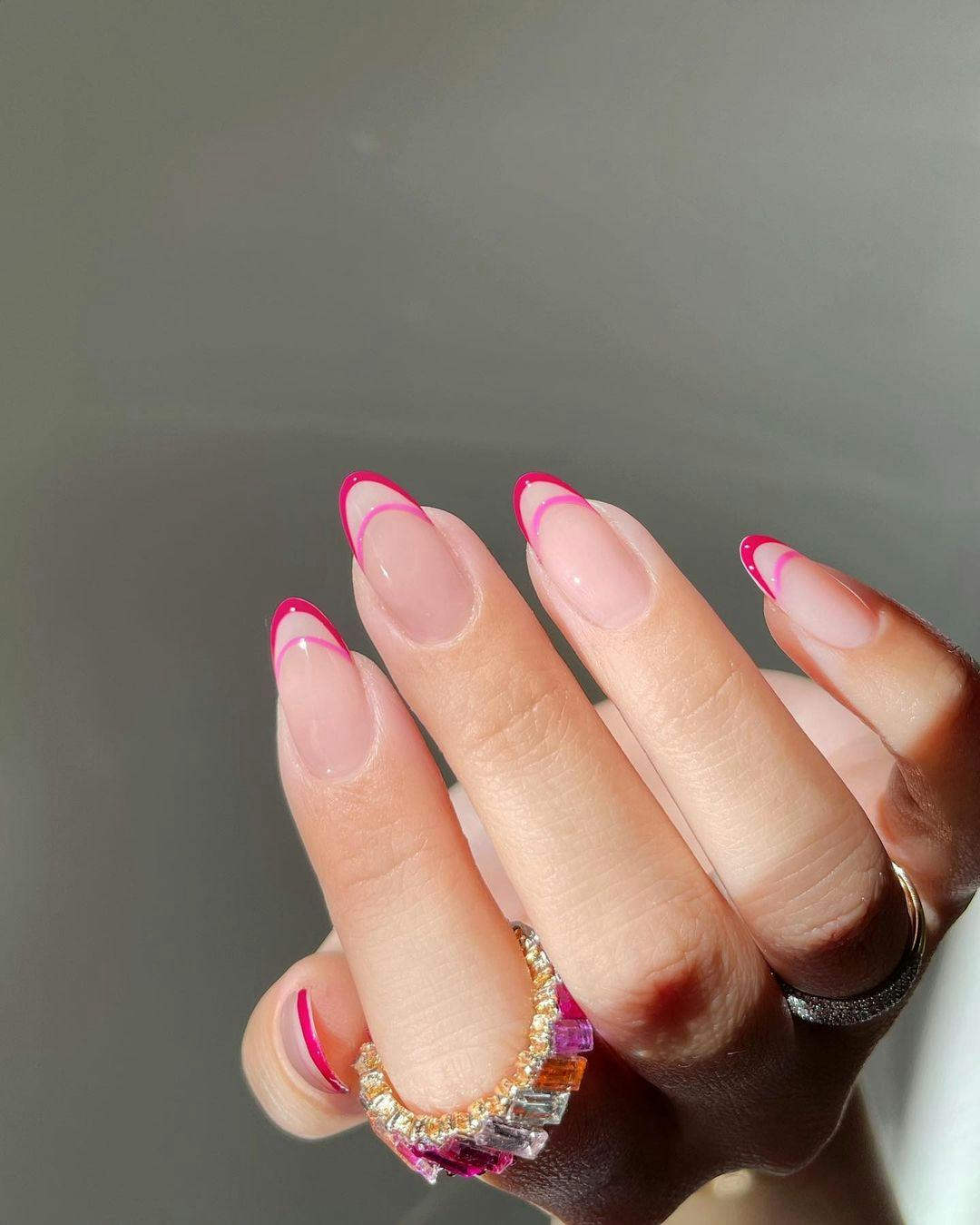Double French Tips With Thin Pink Lines Visual Idea — Double French Nails