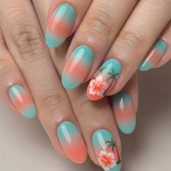 Nude Turquoise Ombre Wave Art — Beach Nails
