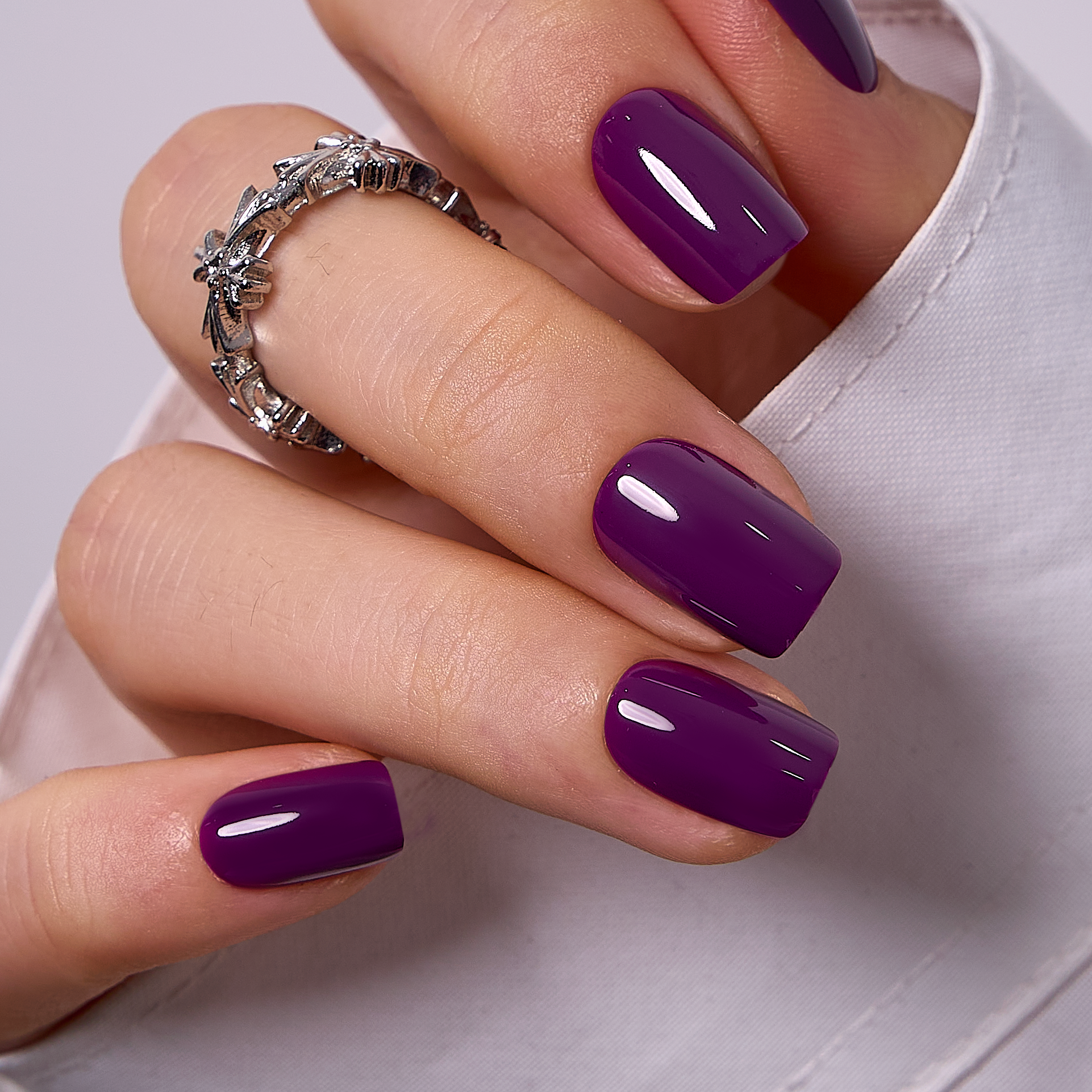 Solid Deep Purple Squoval — Short Acrylic Nails