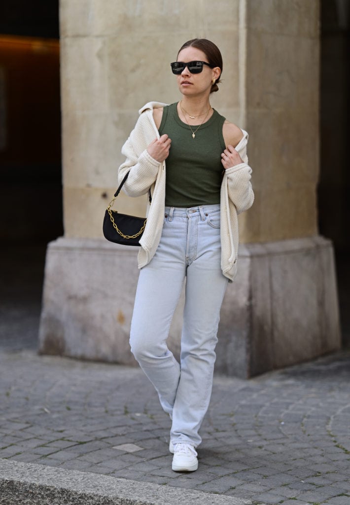 Knit Cardigan over Olive Green Tank with Straight-Leg Jeans — Clean Girl Outfits