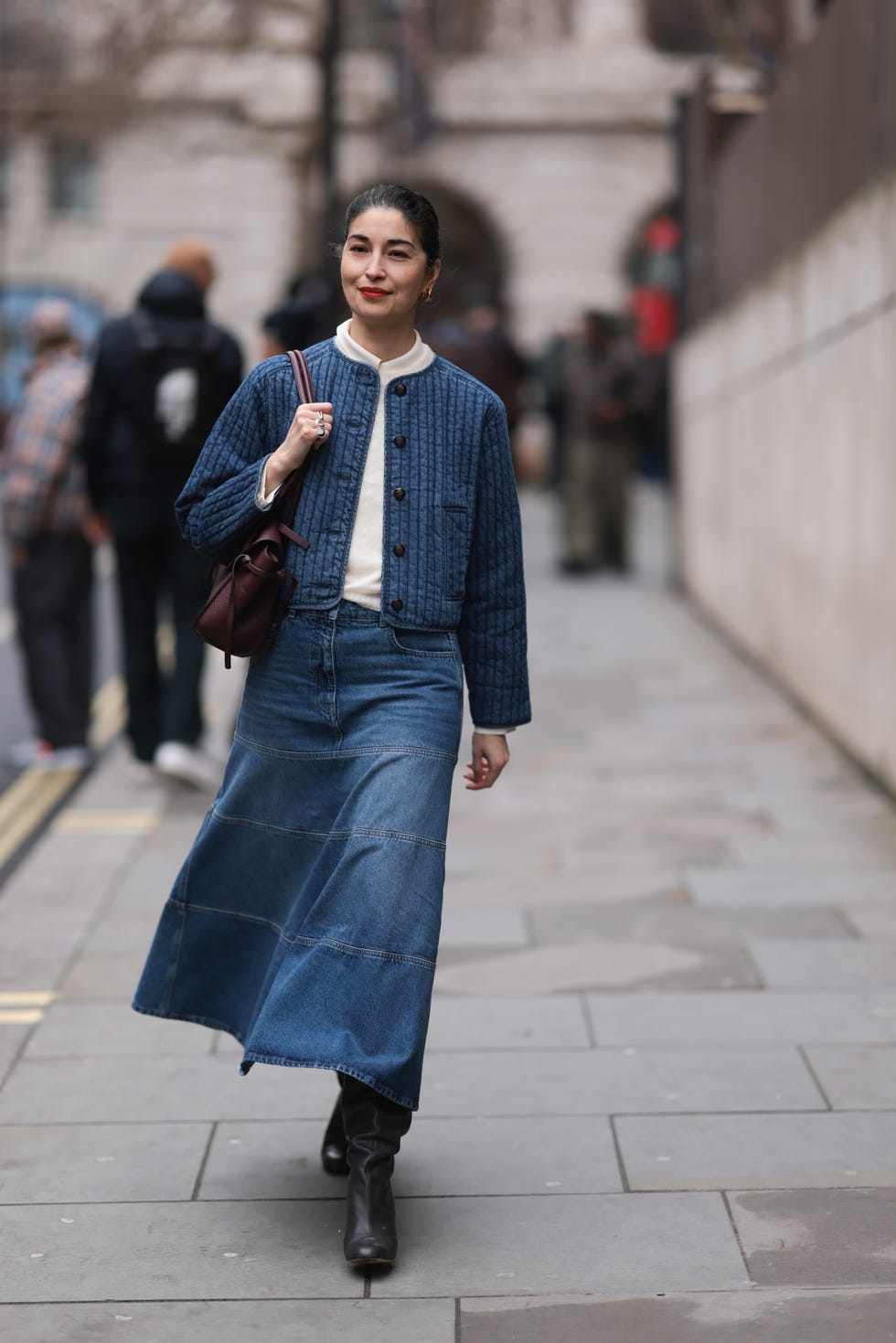 Quilted Denim Jacket with A-Line Skirt for a Relaxed Ensemble Quilted Denim Jacket with A-Line Skirt for a Relaxed Ensemble — London Outfits