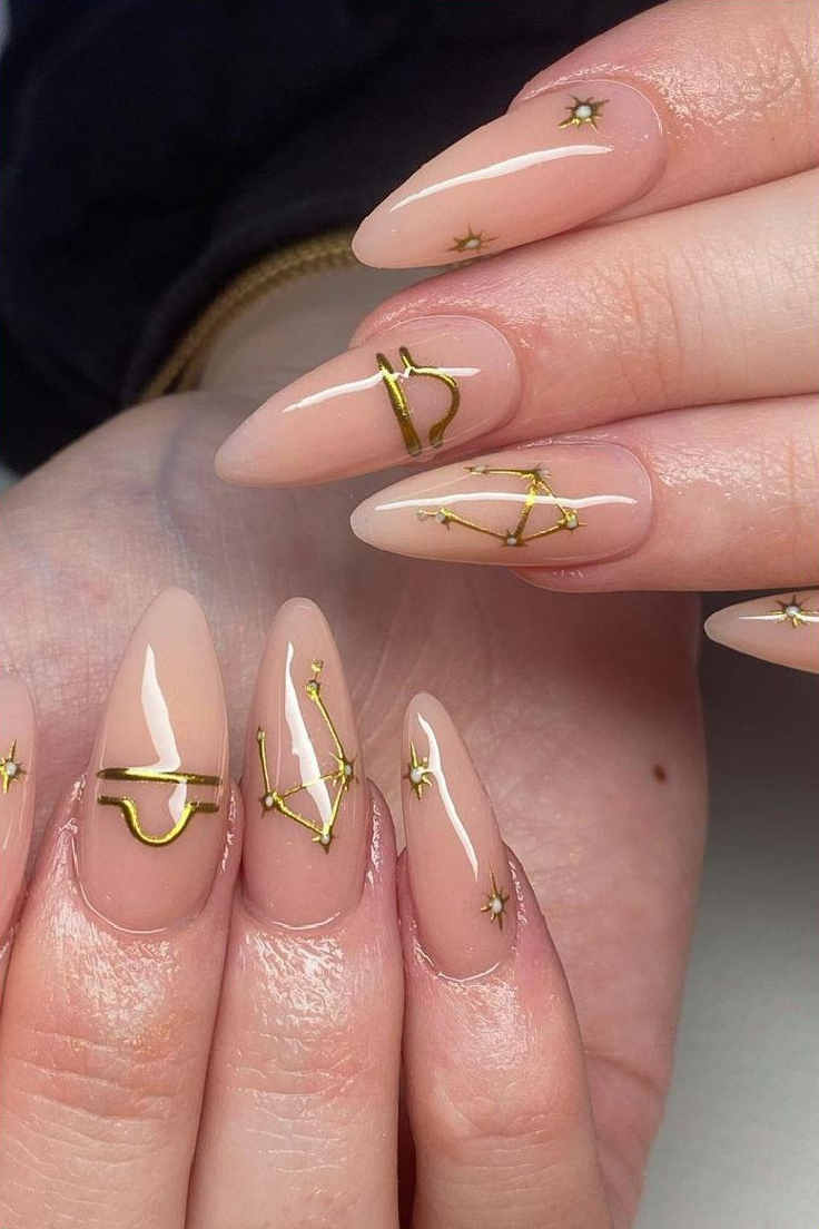 Gold Zodiac Constellation Stiletto Nails Gold Zodiac Constellation Stiletto Nails — Birthday Nails