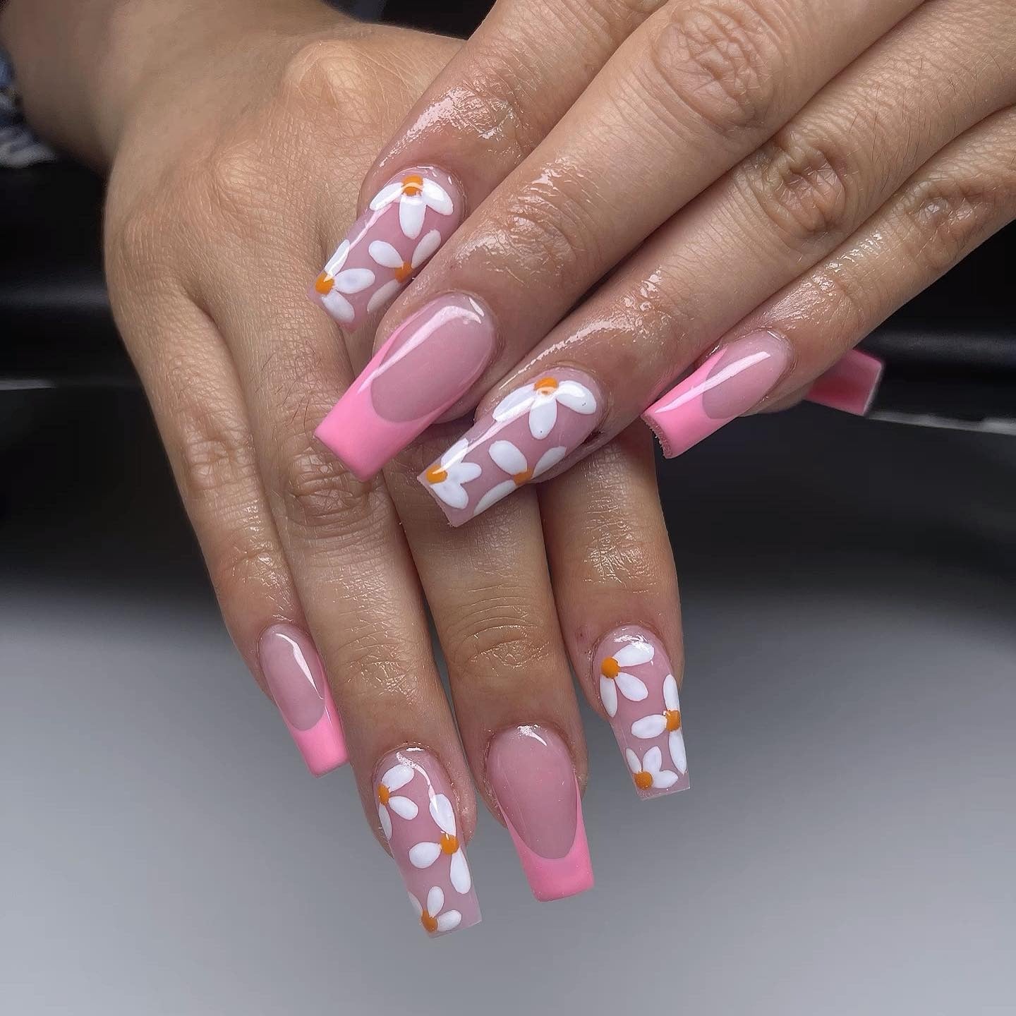 Daisy Pattern Long Coffin French Daisy Pattern Long Coffin French — Pink French Tip Nails