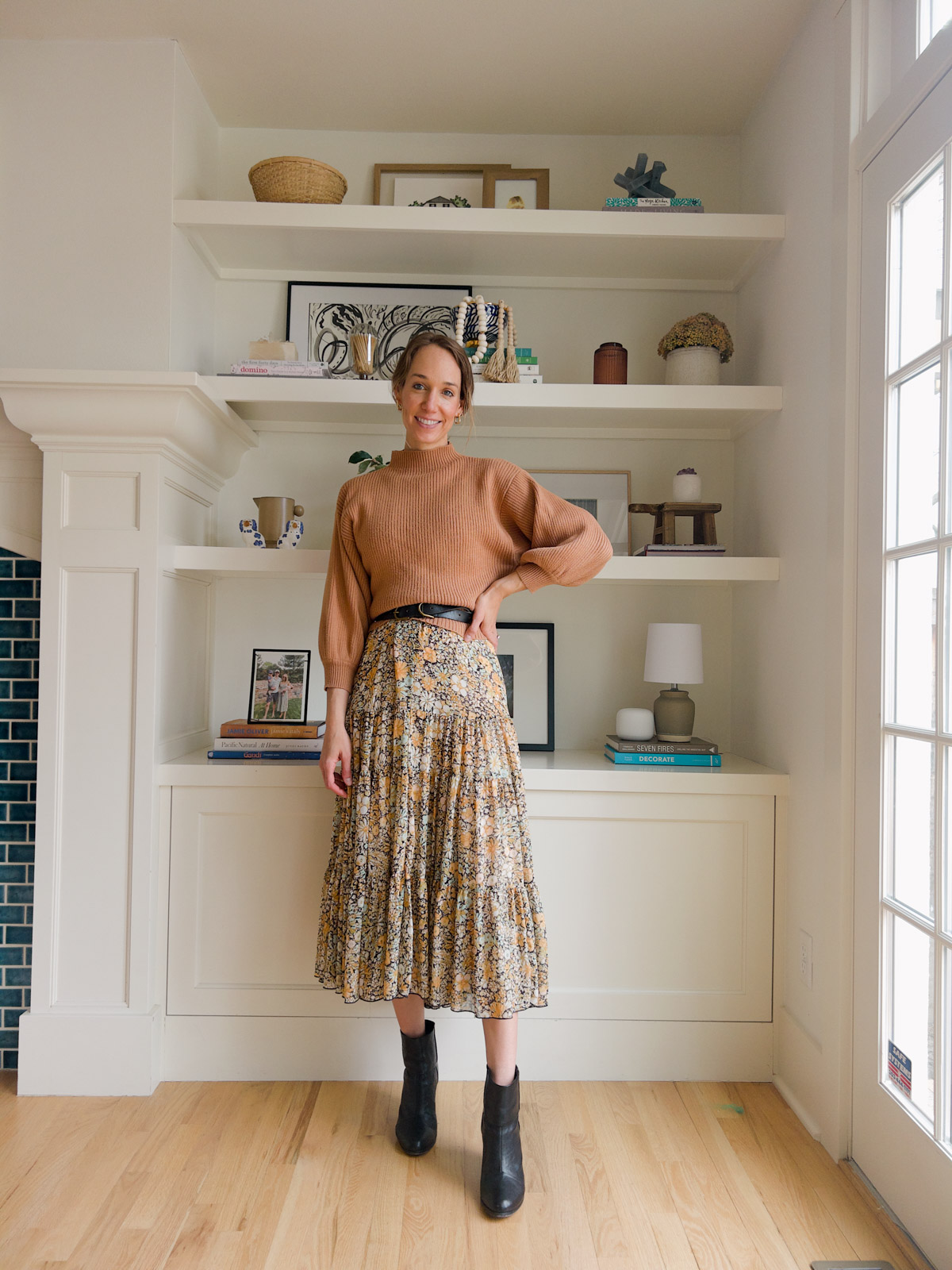 Tan Knit Sweater with Floral Midi Skirt for Fall Church Tan Knit Sweater with Floral Midi Skirt for Fall Church — Church Outfits