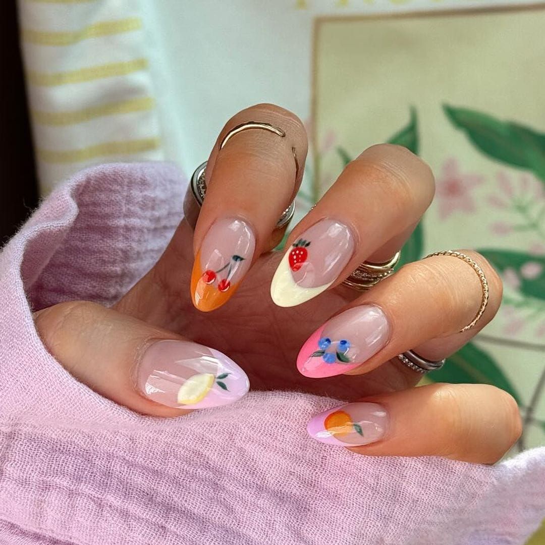 Nude Almond with Hand-Painted Fruit Illustrations — Nail Designs