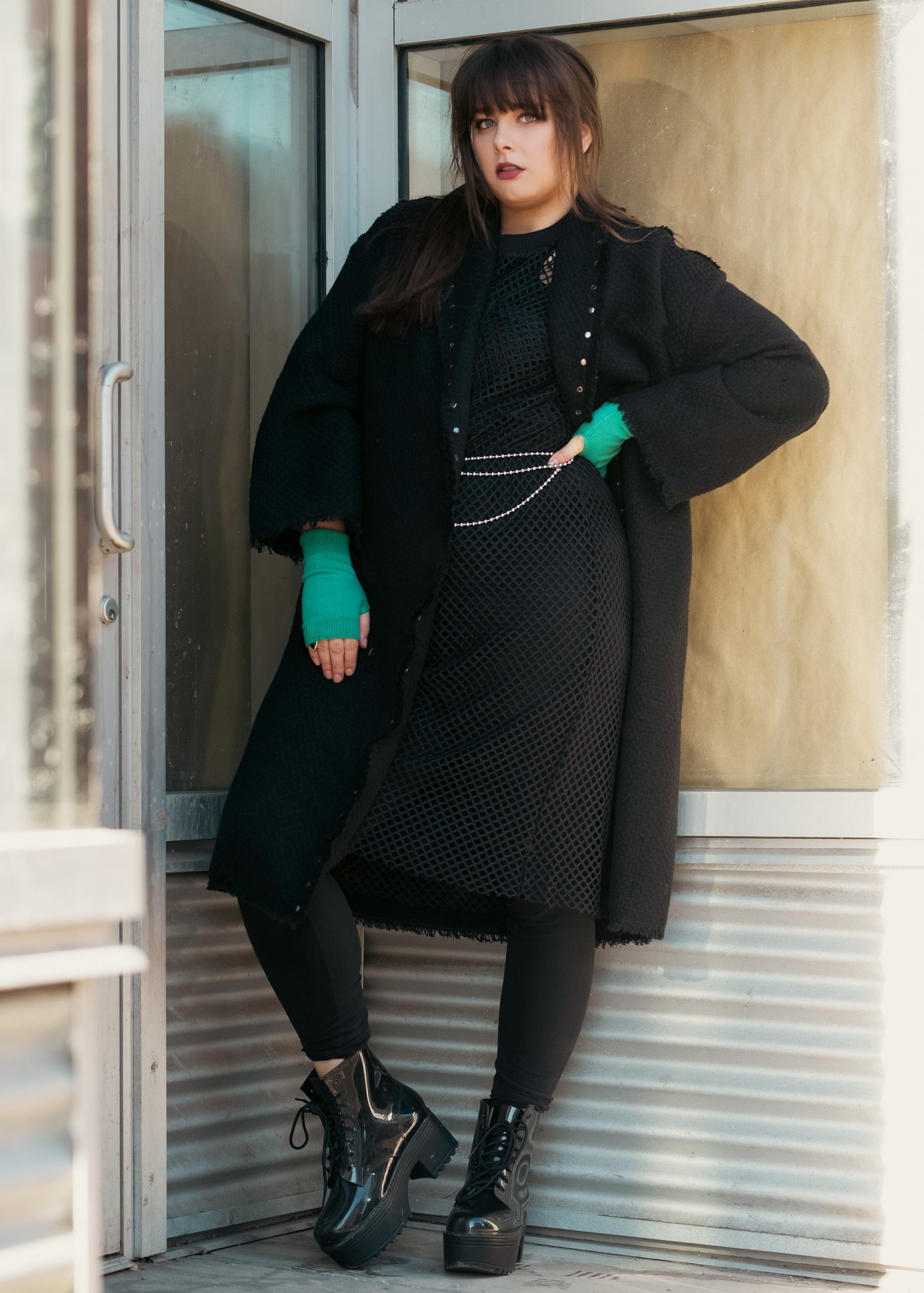 Textured Coat Over Mesh Top with Bright Gloves Textured Coat Over Mesh Top with Bright Gloves — Layering Outfits