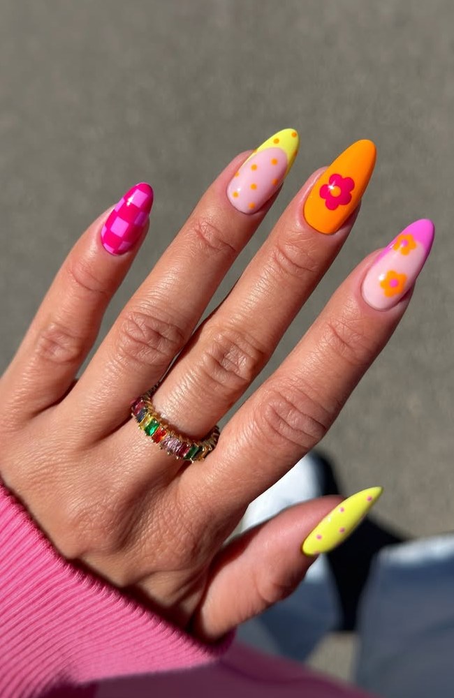 Vibrant Checkerboard and Polka Dot Almonds Vibrant Checkerboard and Polka Dot Almonds — Y2K Nails