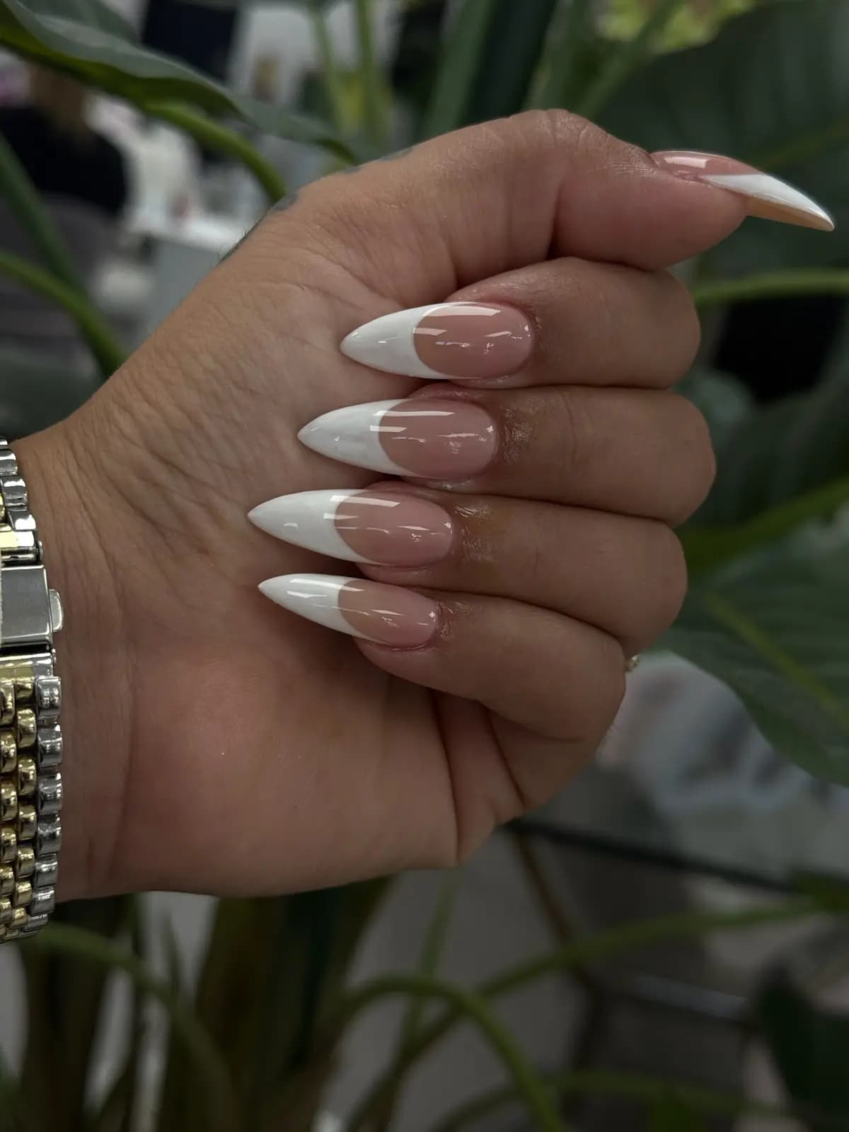 Long Stiletto Sheer Pink French Tip — White French Tip Nails