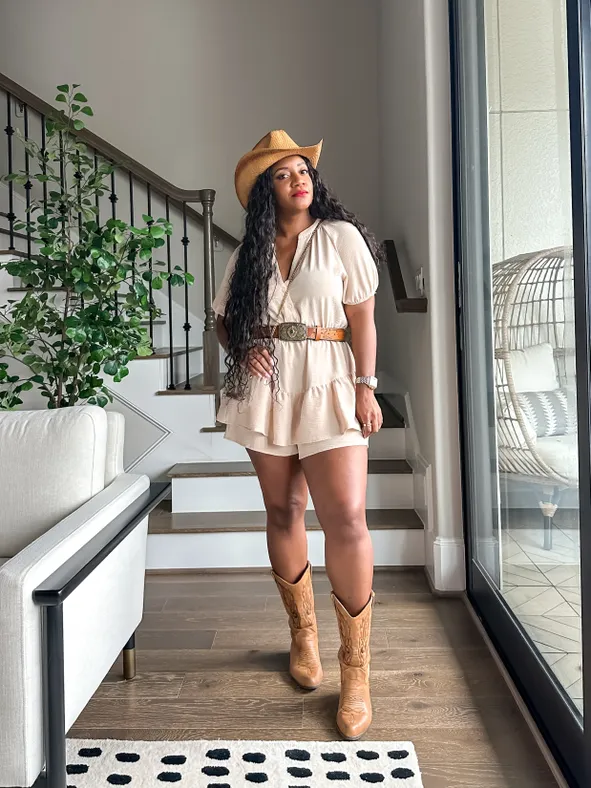 Tan Romper with Cinched Waist and Cowboy Boot Pairing — Rodeo Outfits