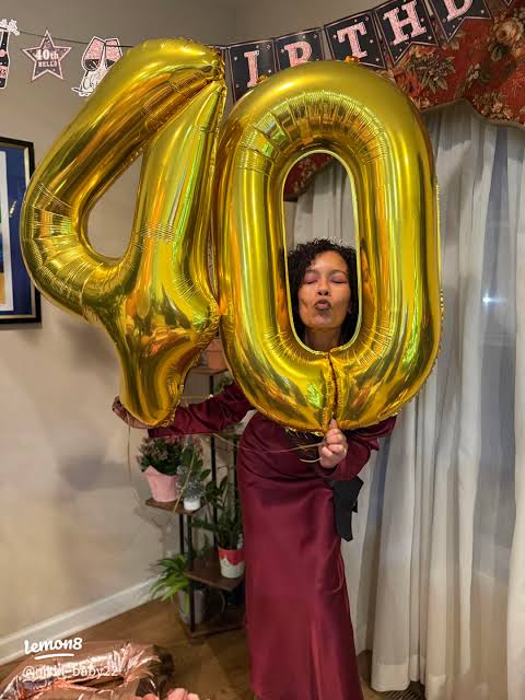 Satin Dress Paired with '40' Balloons Satin Dress Paired with '40' Balloons — 40th Birthday Outfits