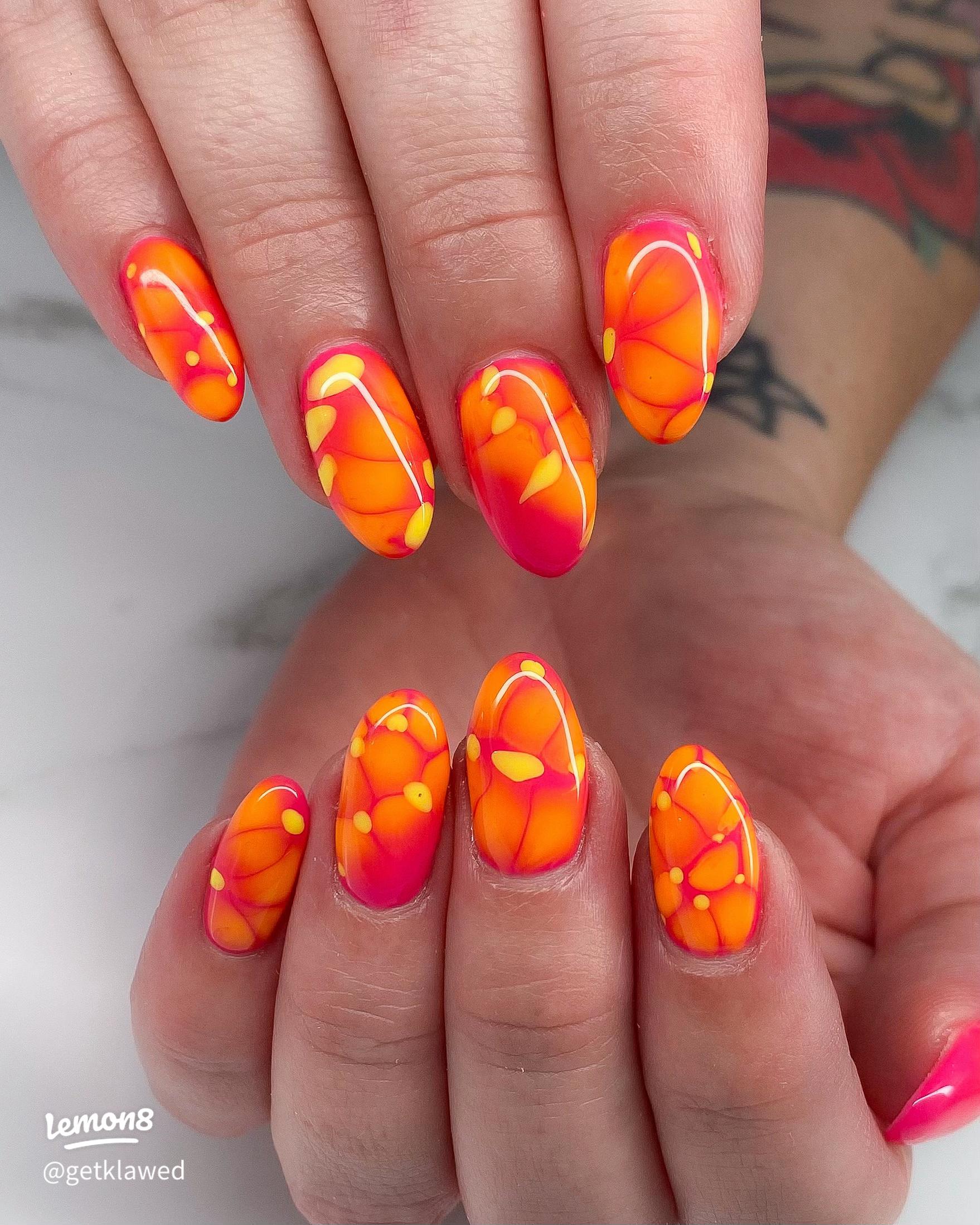 Vibrant Orange Pink Yellow Dot Nails Vibrant Orange Pink Yellow Dot Nails — Blooming Gel Nails