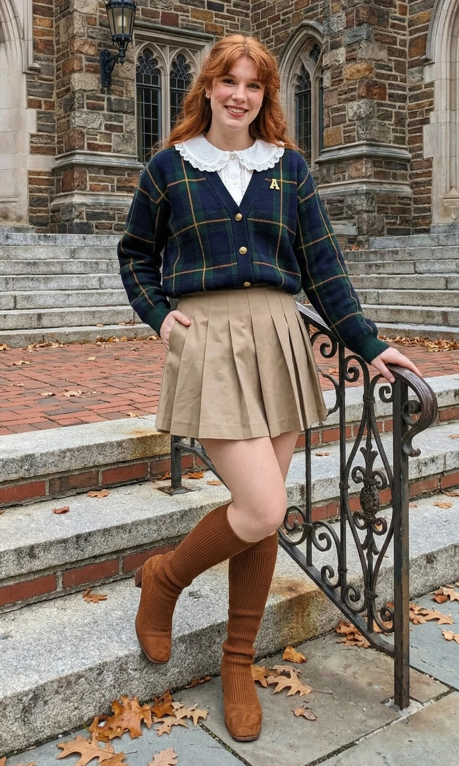 Plaid Cardigan with Pleated Mini Skirt and Knee-High Boots — Light Academia Outfits
