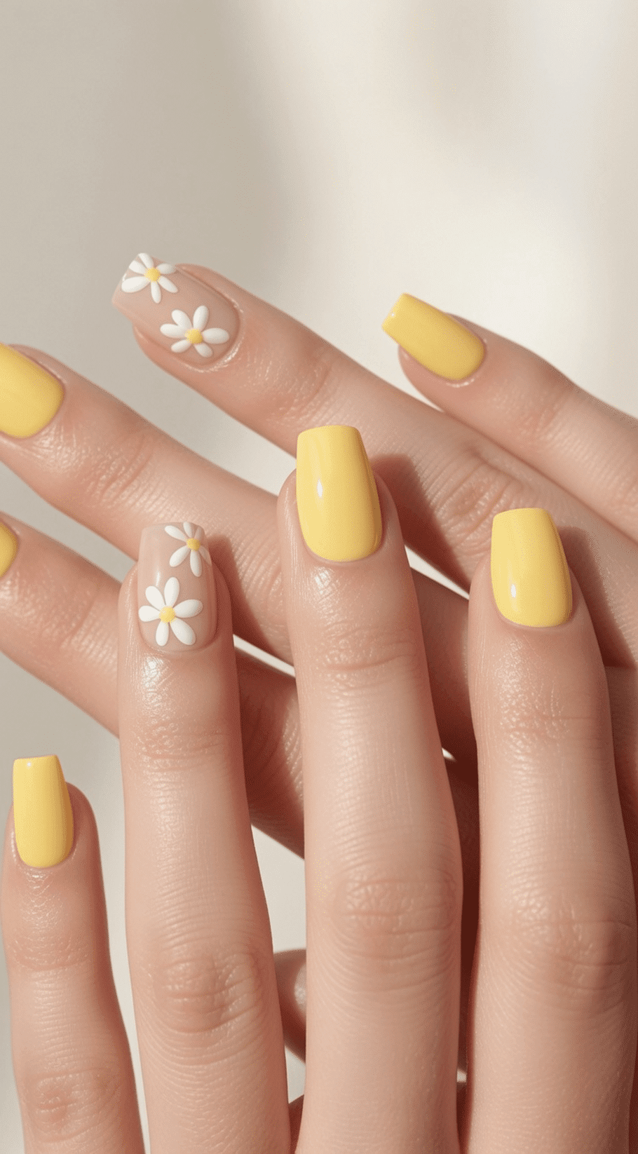 Short Square Yellow with Floral Accents — Yellow Nails