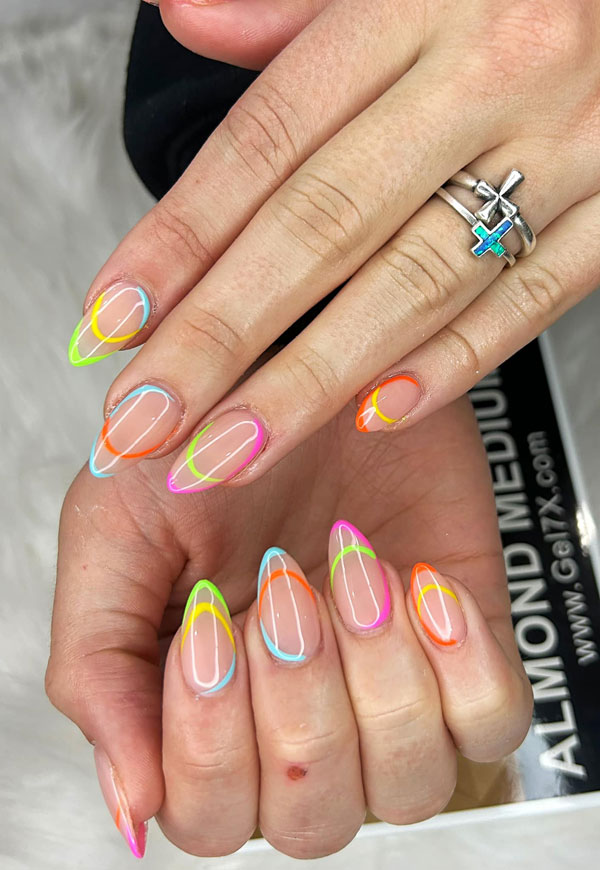 Neon Outline Nude French Almonds — Gel X Nails