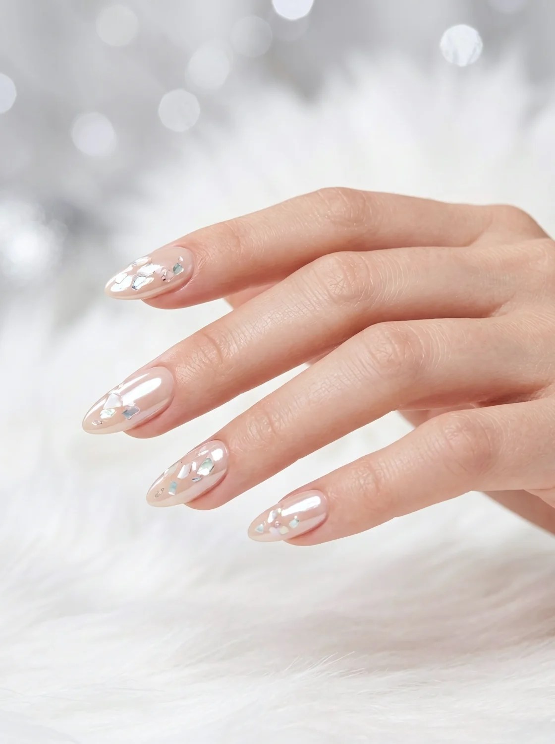 Pale Nude With Iridescent Flakes — Wedding Guest Nails