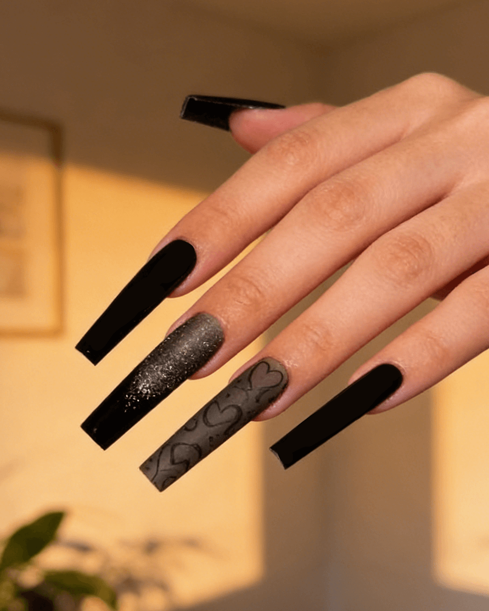 Matte Black Grey Heart Glitter Coffin Nails