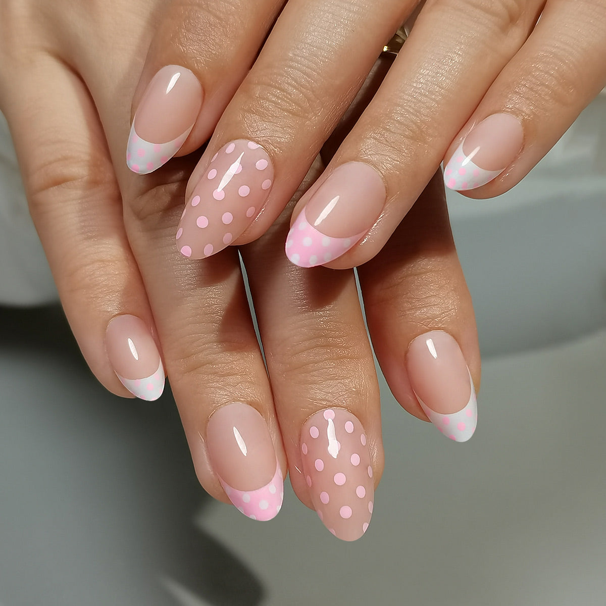 Pink Polka Dot French Almond Nails — Pink and White Nails