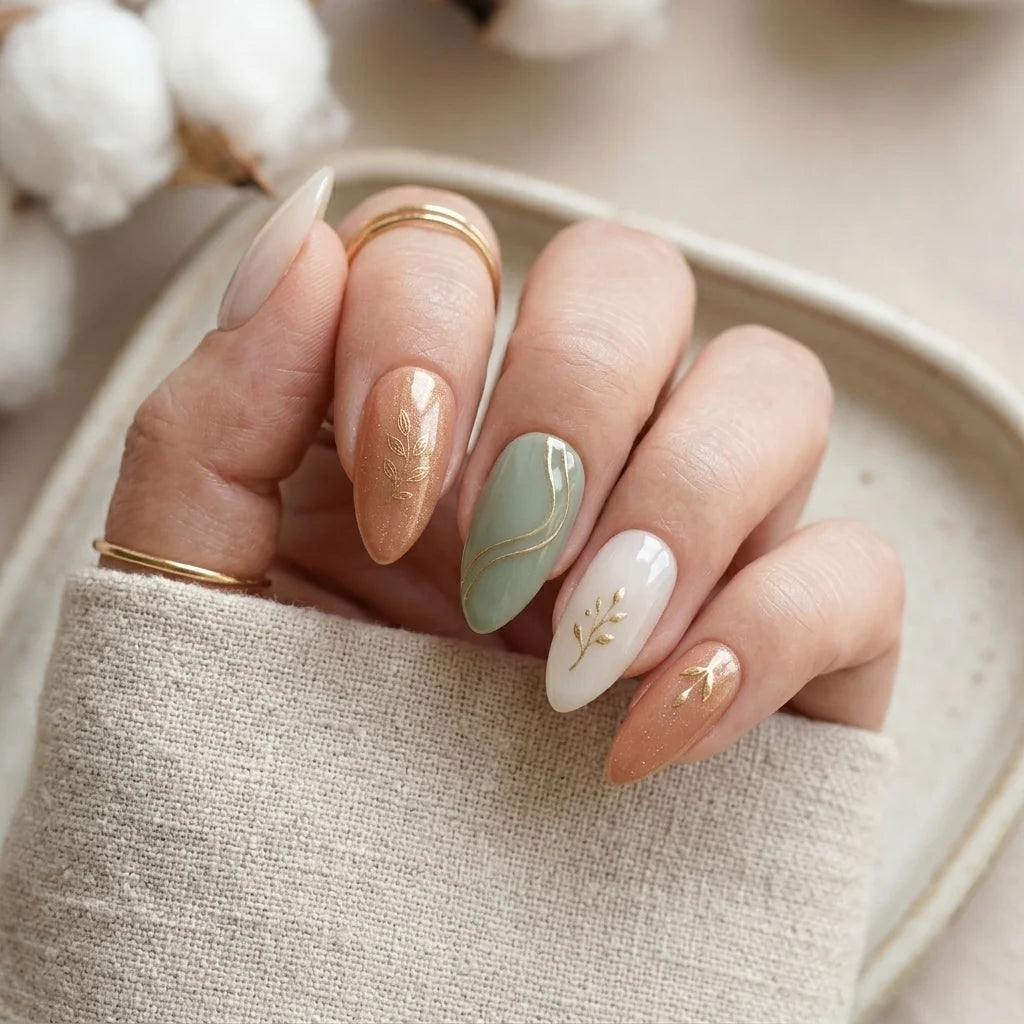 Autumnal Gold Leaf Medium Almonds — Medium Almond Nails