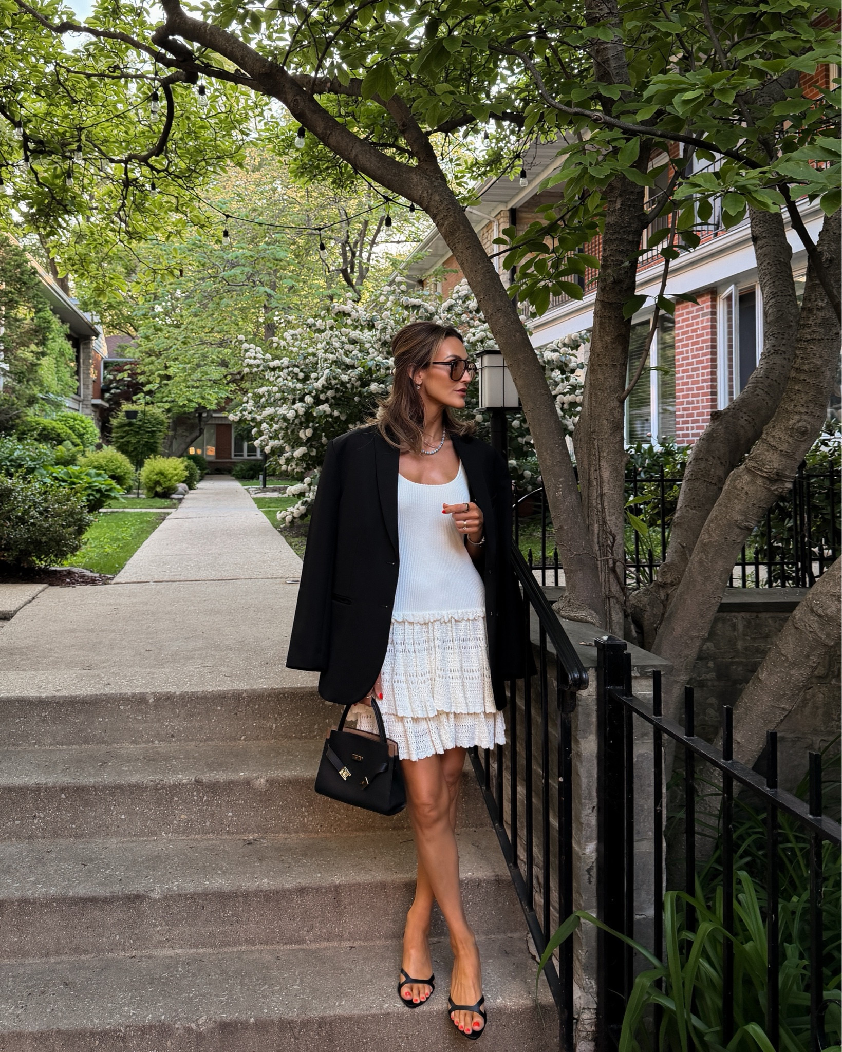 Oversized Black Blazer with Tiered Mini Dress for a Modern Dinner Oversized Black Blazer with Tiered Mini Dress for a Modern Dinner — Dinner Outfits
