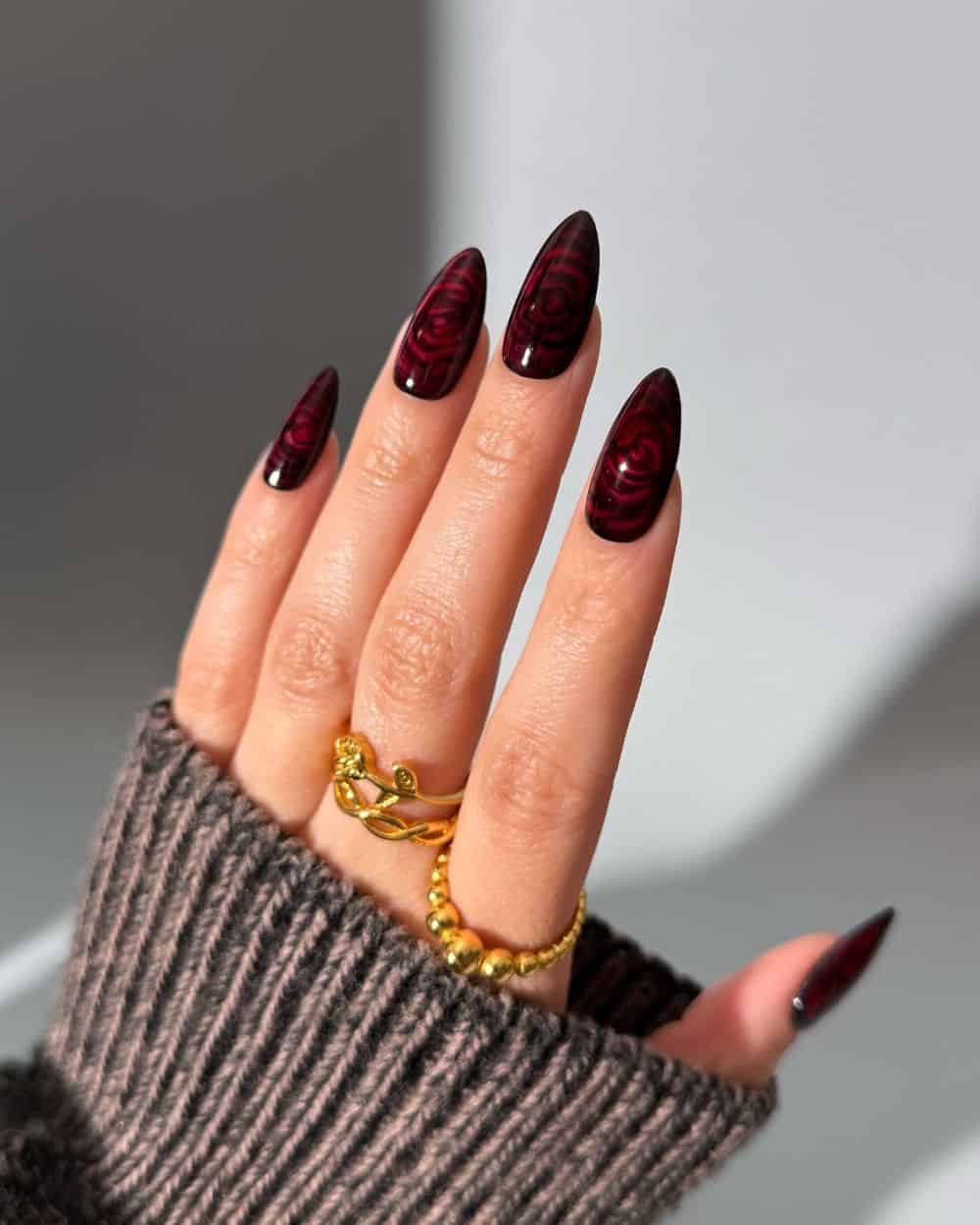 Deep Red With Dark Rose Pattern Deep Red With Dark Rose Pattern — Goth Nails