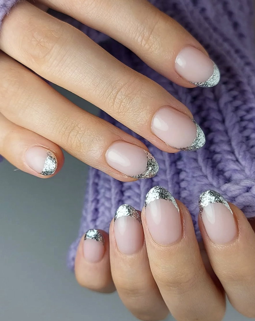 Chunky Silver Glitter French Tips on Short Nails Chunky Silver Glitter French Tips on Short Nails — Colored French Tip Nails