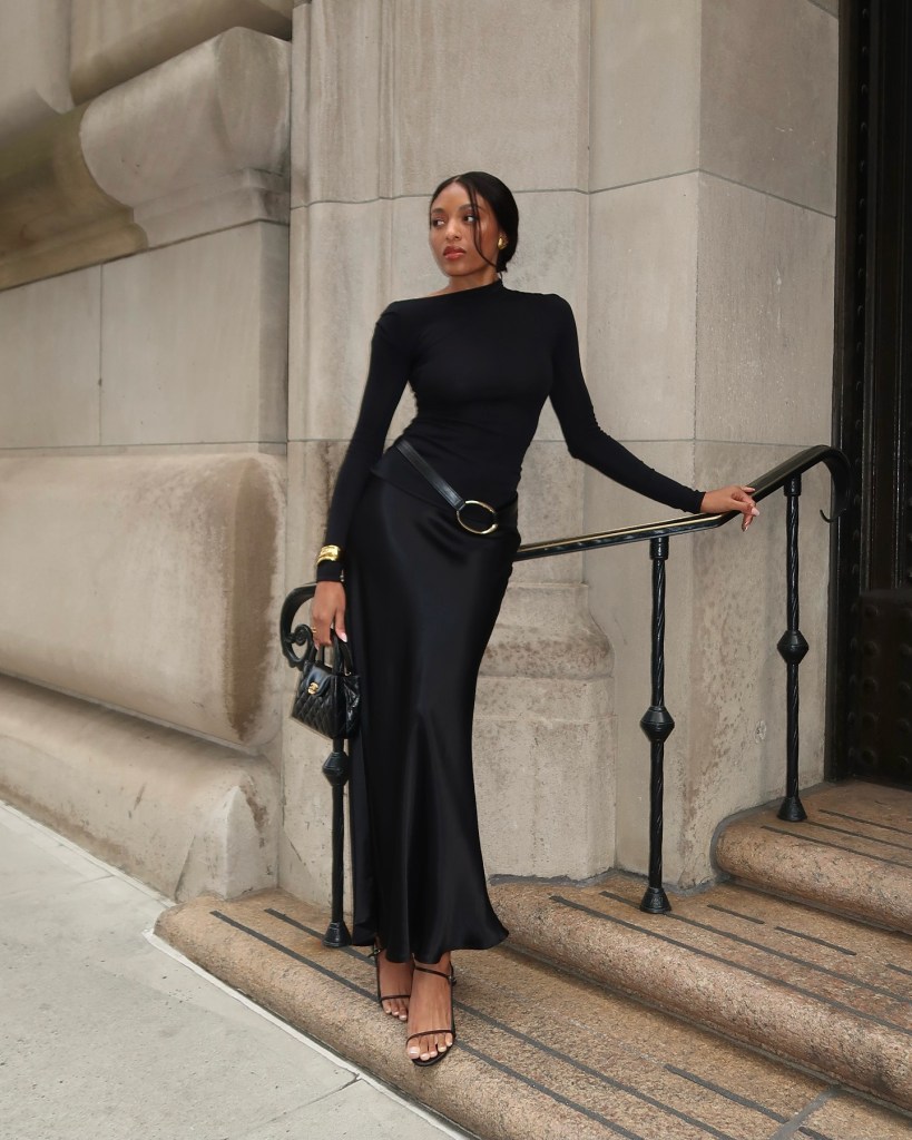Elegant All-Black Satin and Jersey Combination Elegant All-Black Satin and Jersey Combination — Old Money Outfits