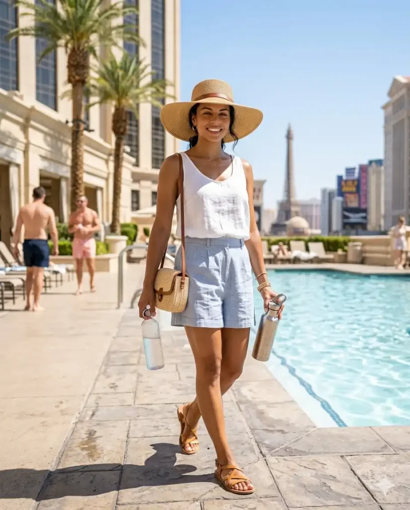 Vegas Poolside Resort Style: Linen Set and Straw Hat — Vegas Outfits
