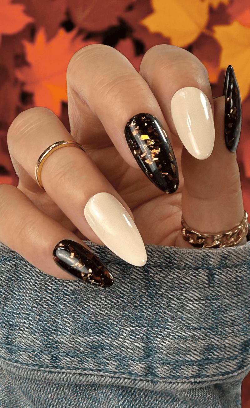 Autumn Cream and Dark Brown Foil Nails Autumn Cream and Dark Brown Foil Nails — Dip Powder Nails
