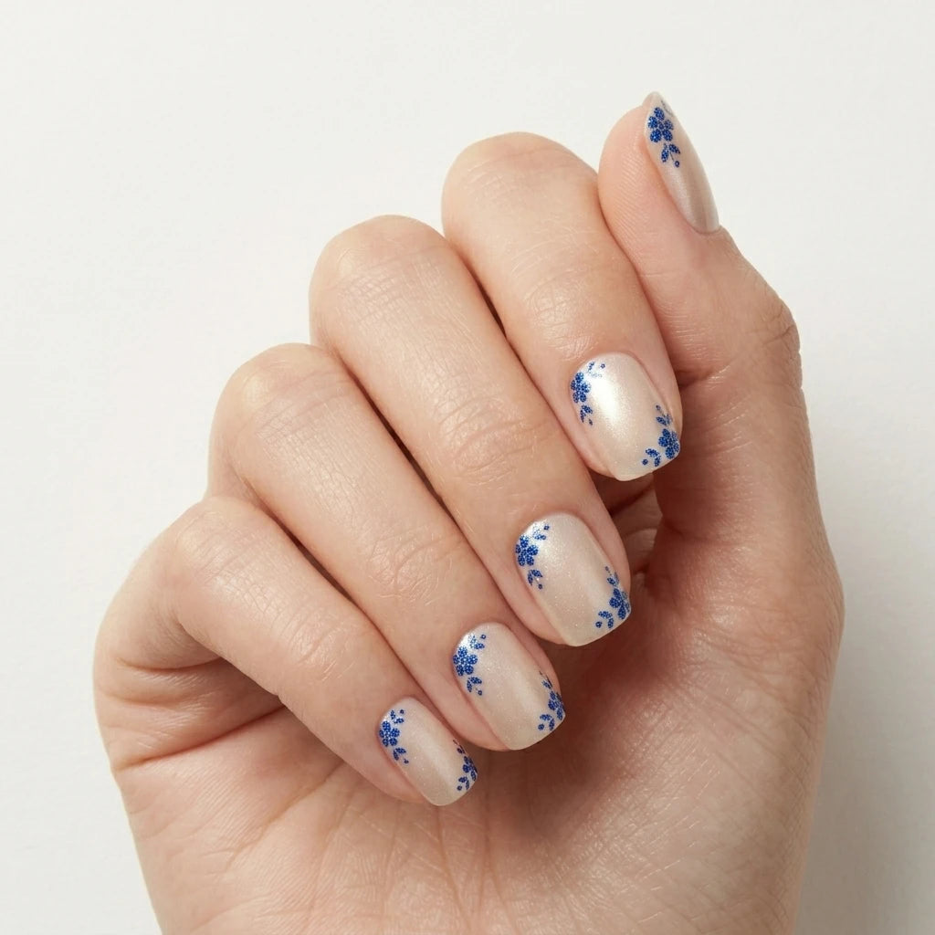 Short Oval Nude with Blue Floral Decals — Press On Nails