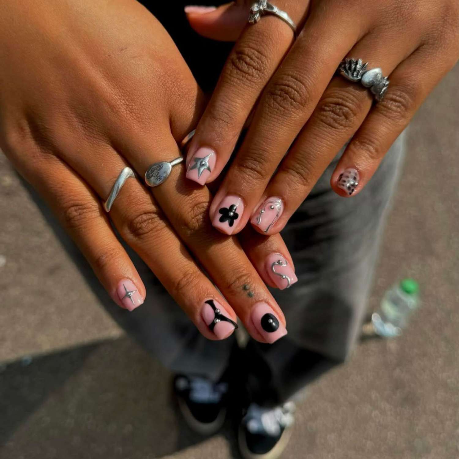 Pink Nails with Abstract Art — Short Square Nails