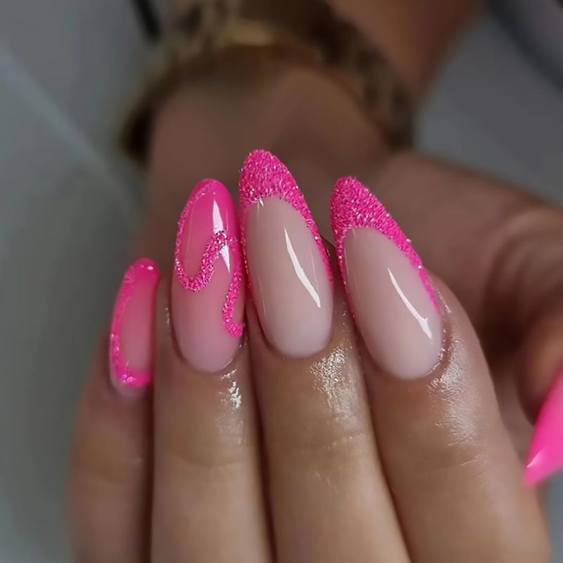 Bright Pink Glitter French Almonds Bright Pink Glitter French Almonds — Long Almond Nails