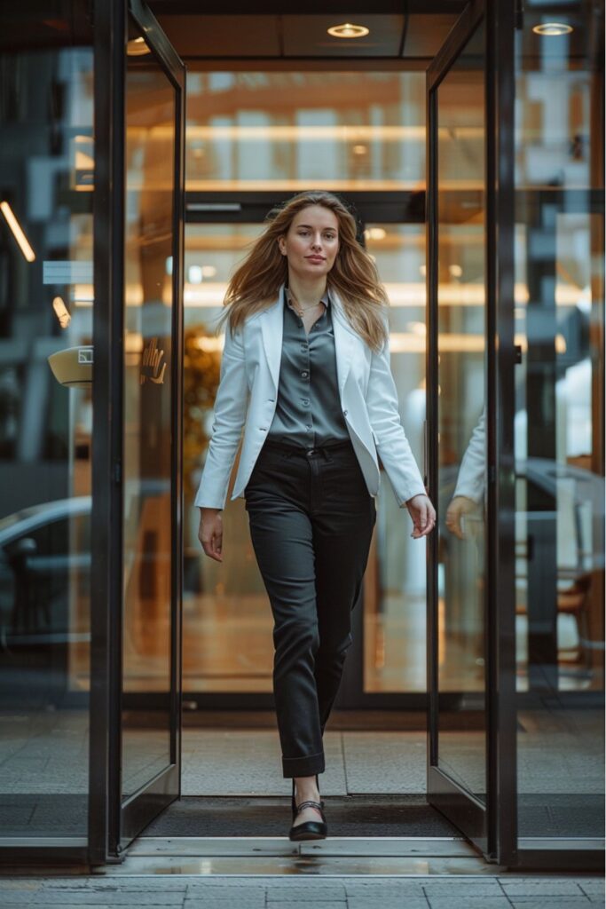 White Blazer Over Grey Satin Blouse and Black Trousers — Business Professional Outfits