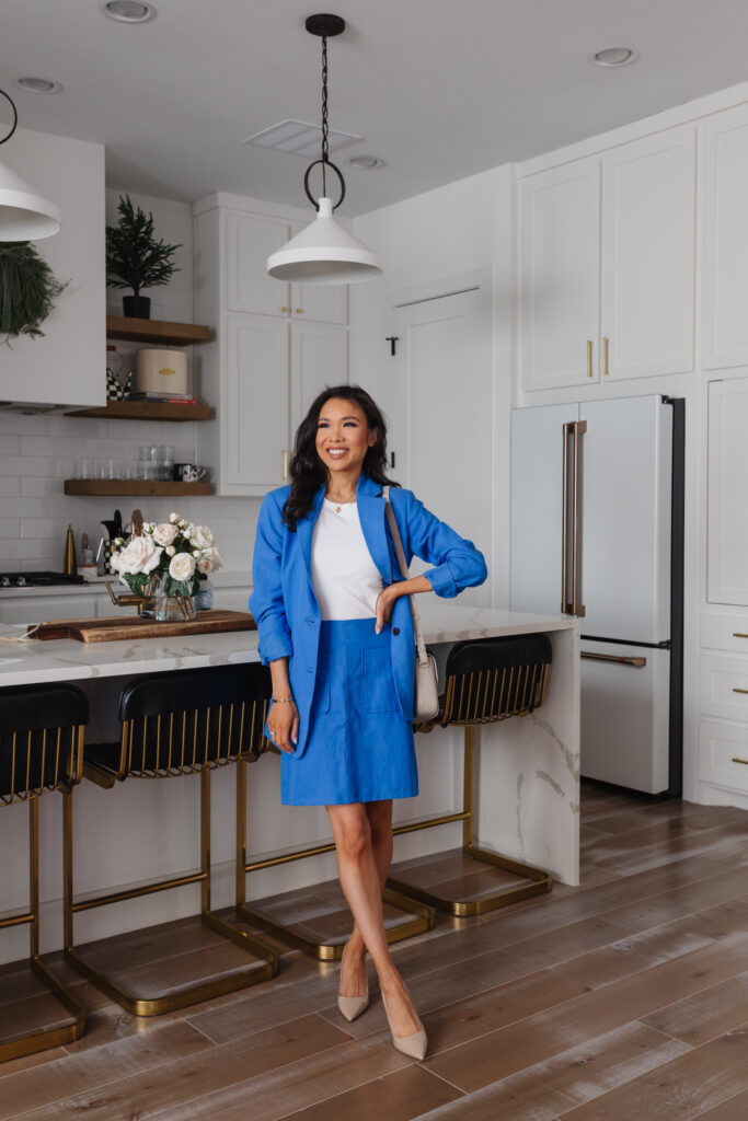 Vibrant Blue Blazer and A-Line Skirt with White T-Shirt — Business Professional Outfits