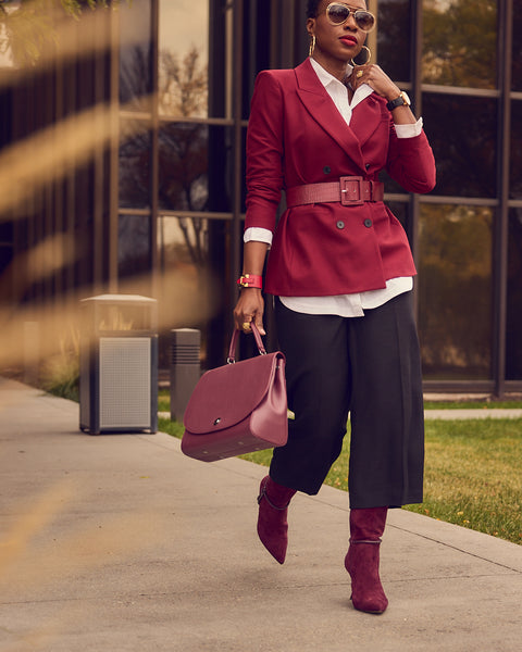 Burgundy Power Suit with Double-Breasted Blazer and Culottes — Business Professional Outfits