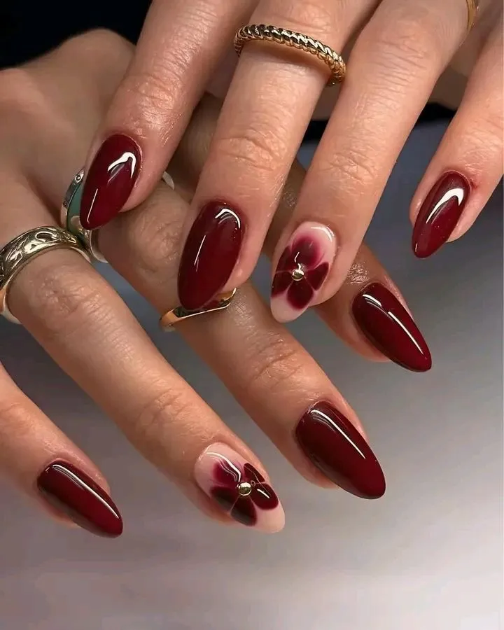 Burgundy Stiletto with Floral Accent — Nail Designs